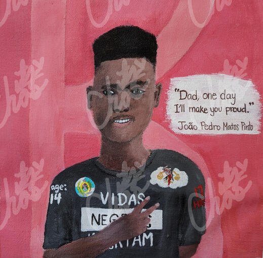 A painting in honor of João Pedro Matos Pinto, a boy from Rio de Janeiro, who was murdered by police in 2020. Collaborative Black Lives Matter project.